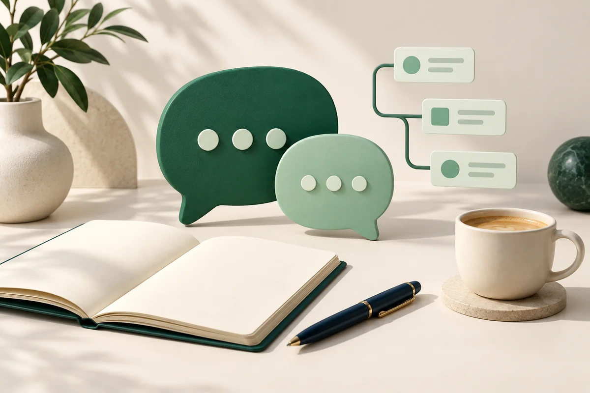Open notebook, conversation shapes and a connected workflow on an editorial desk