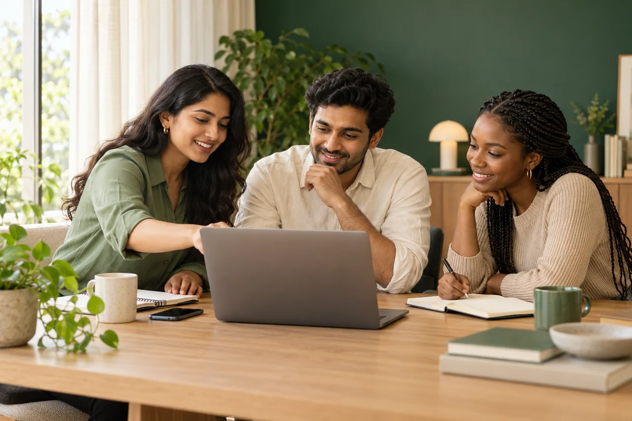 A small customer support team working together around a laptop
