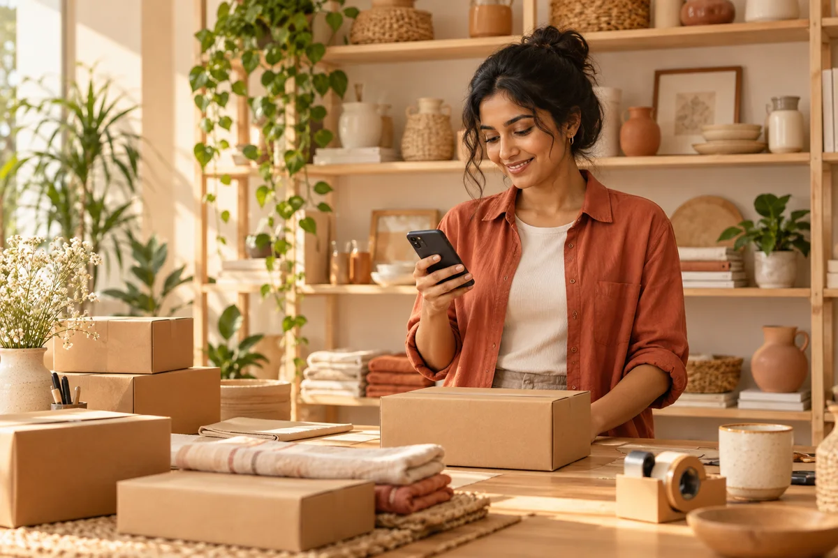 An online store founder responding to customers beside neatly packed orders