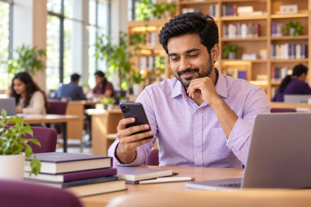 An admissions counsellor reviewing student enquiries in a bright campus library