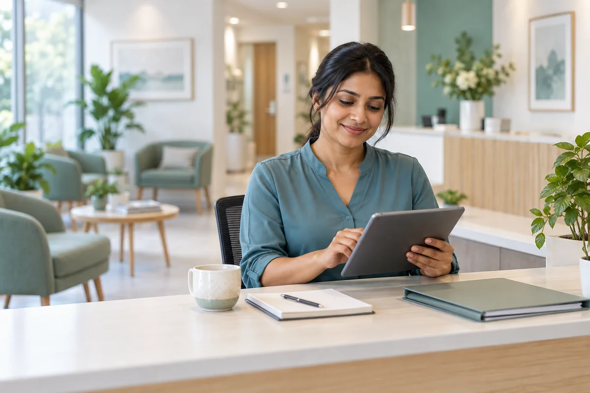 A clinic receptionist organising appointment enquiries on a tablet