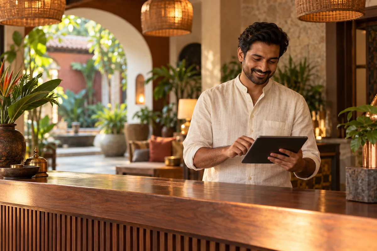 A boutique hotel host reviewing guest requests at a welcoming reception desk