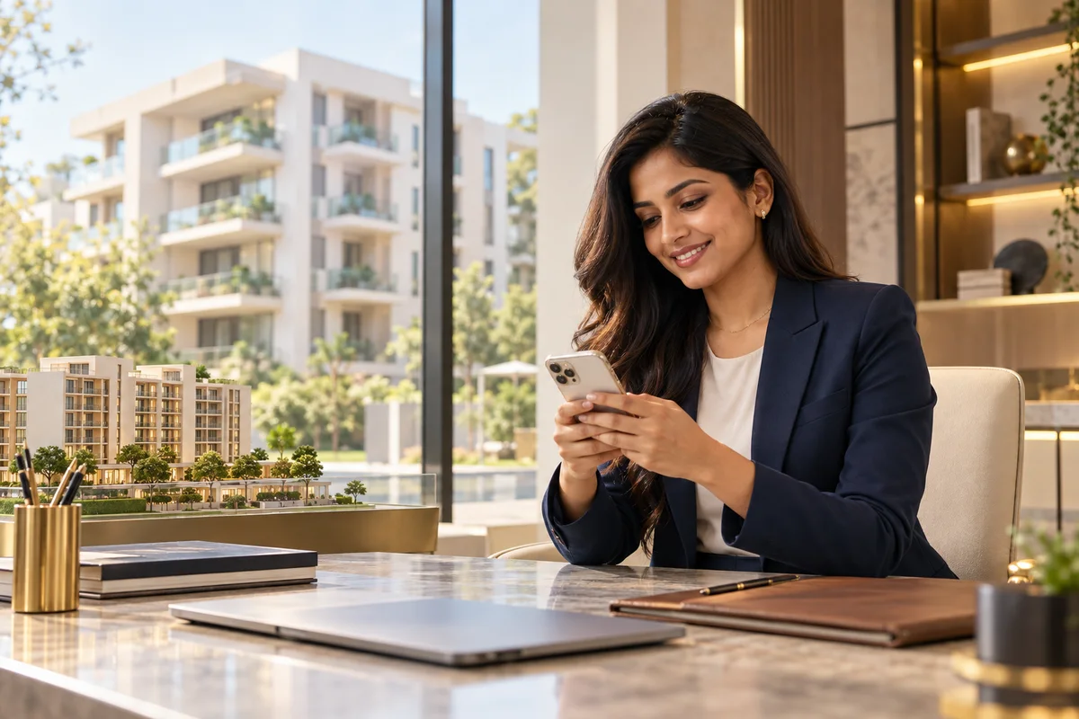 A real estate adviser replying to property enquiries in a sunlit showroom