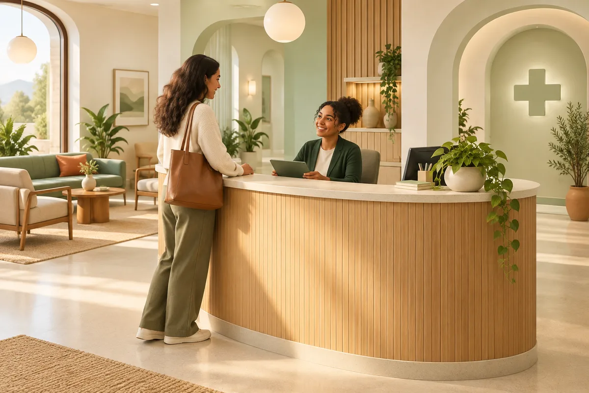 An illustrated clinic reception welcoming a visitor