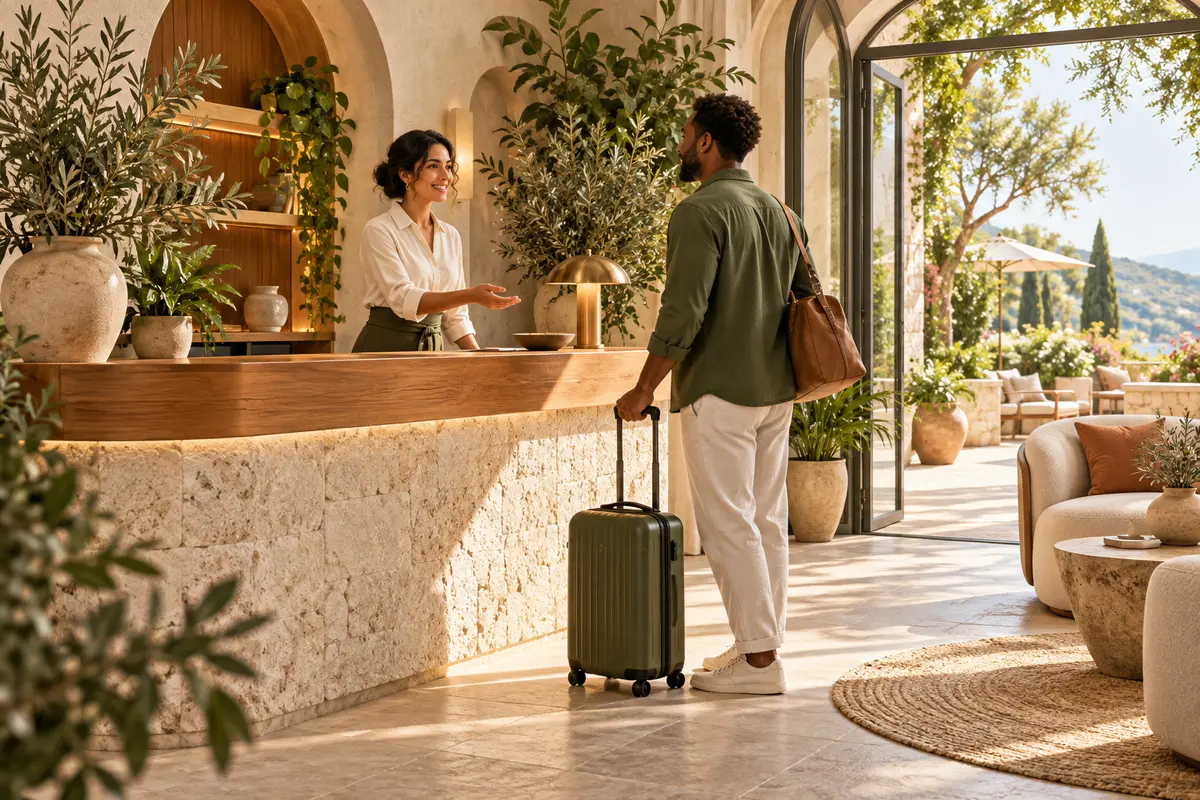 A hospitality host welcoming a guest at a warm reception desk
