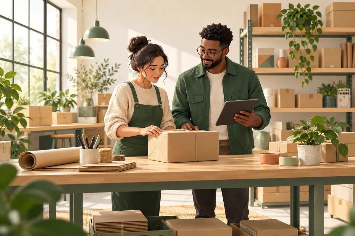 A business operations team reviewing a shipment in a modern workspace