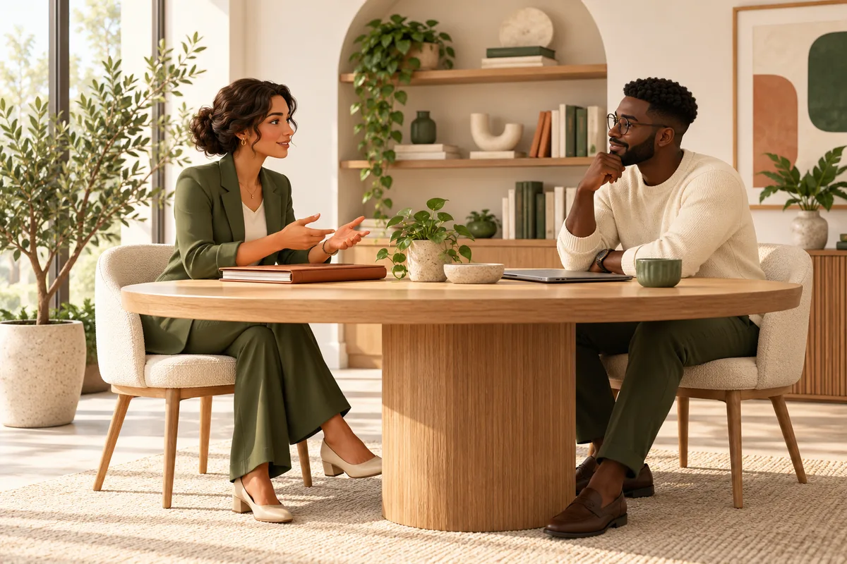 A professional consultant and client meeting in a bright office