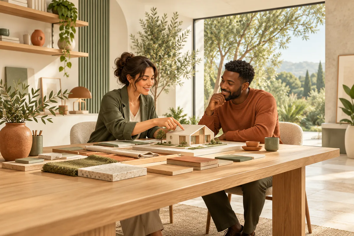 An architect and client reviewing a house model and materials