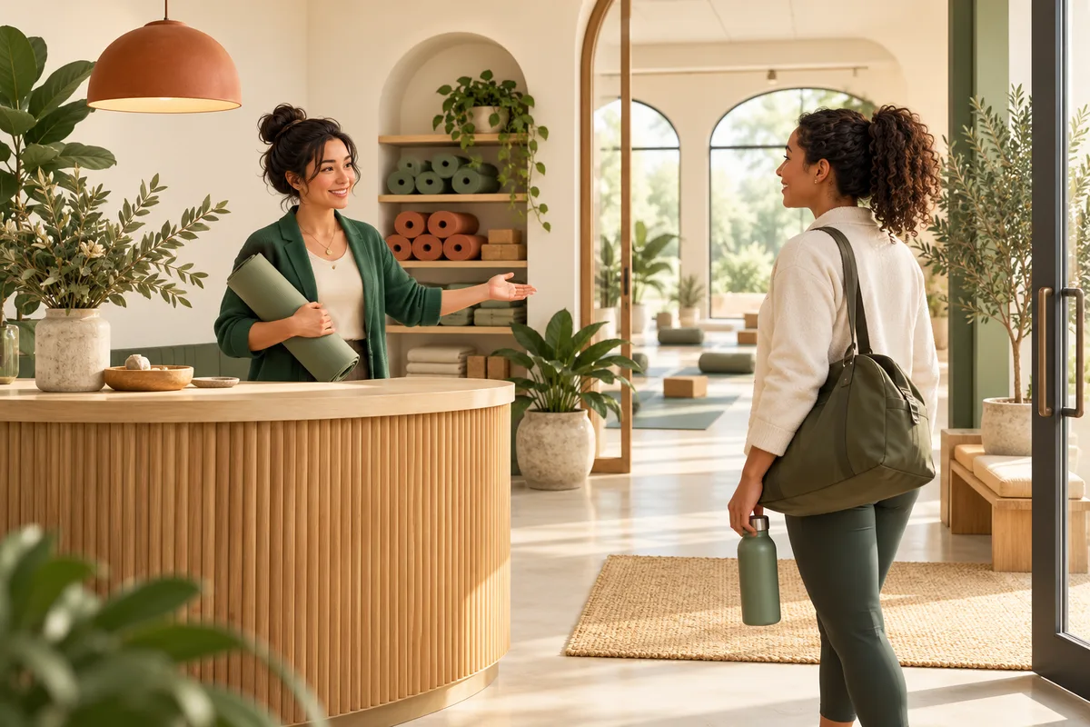 A fitness studio coordinator greeting a visitor in a calm studio
